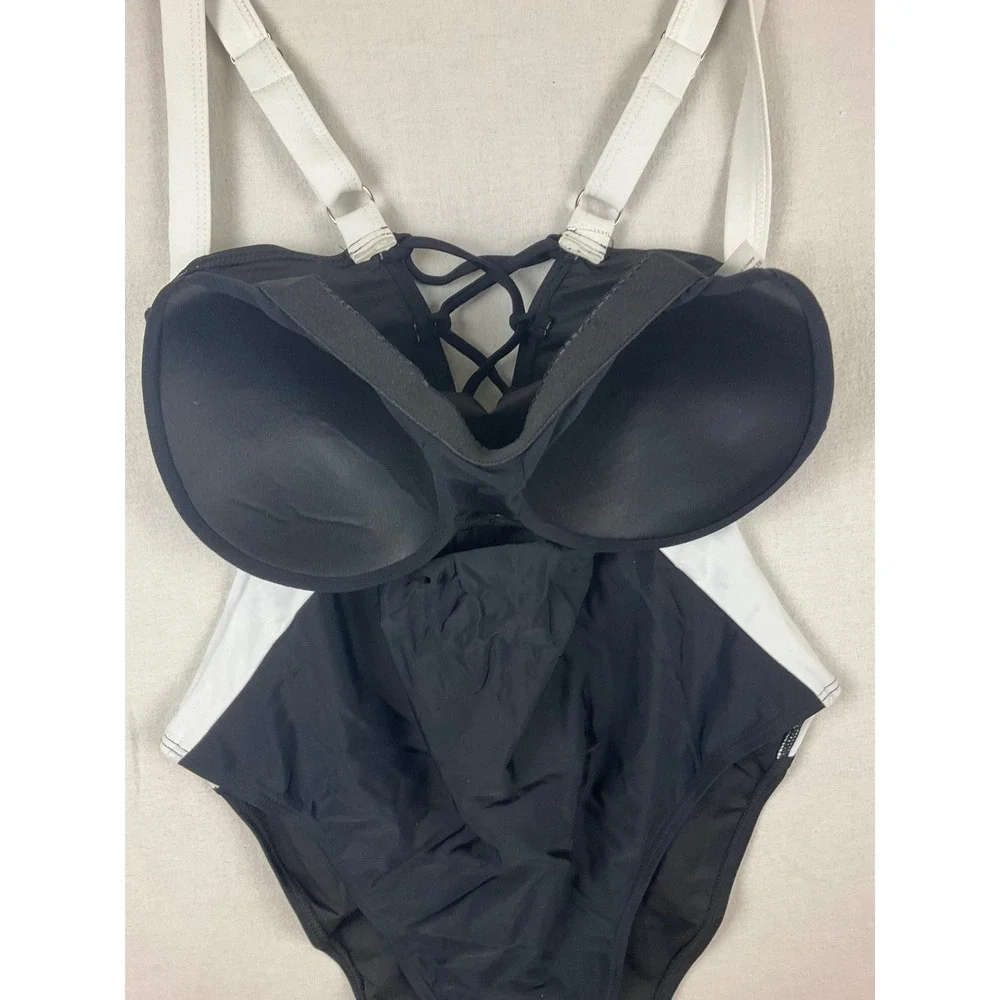 Eomenie Womens Black White Colorblock Lace Up Back One Piece Swimsuit Size L NWT